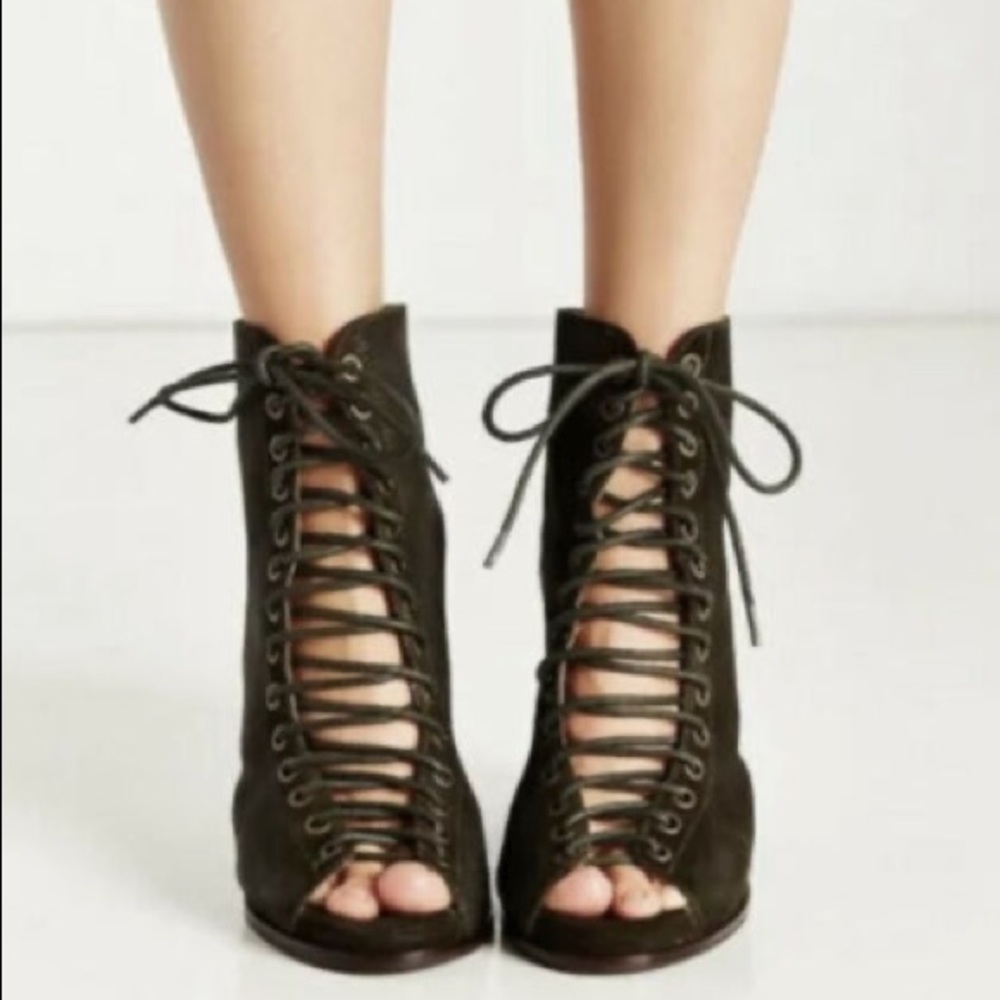 Jeffrey Campbell Covets Black Leather Lace Up Front Caged Open Toe Sandal Heels
